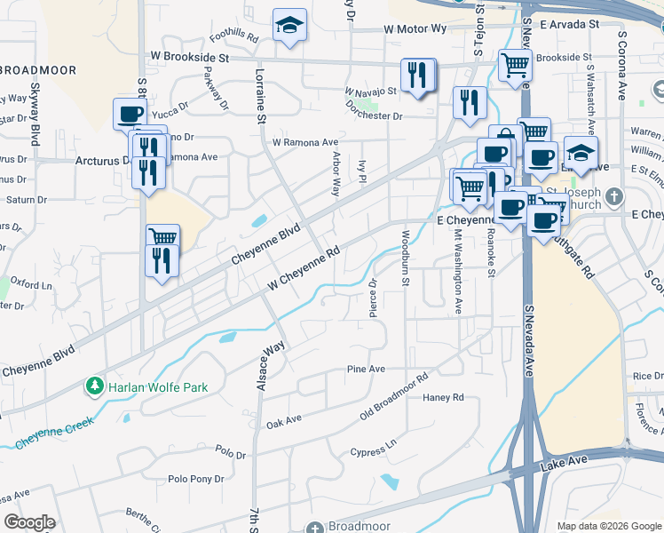map of restaurants, bars, coffee shops, grocery stores, and more near 225 West Cheyenne Road in Colorado Springs