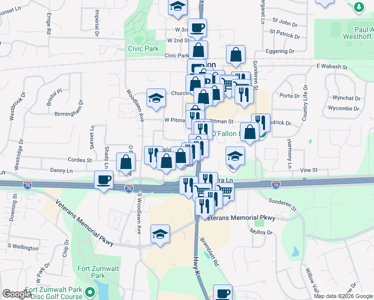 map of restaurants, bars, coffee shops, grocery stores, and more near 200 Casalon Parkway in O'Fallon