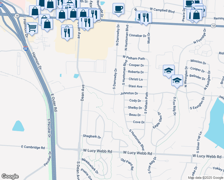 map of restaurants, bars, coffee shops, grocery stores, and more near 212 South Darrowby Drive in Raymore
