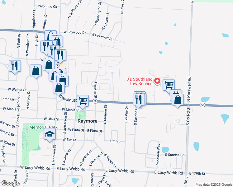map of restaurants, bars, coffee shops, grocery stores, and more near 118 North Crest Drive in Raymore
