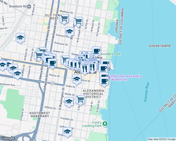 map of restaurants, bars, coffee shops, grocery stores, and more near 301 King Street in Alexandria