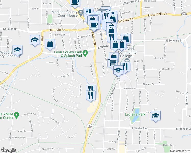 map of restaurants, bars, coffee shops, grocery stores, and more near 423 Plum Street in Edwardsville
