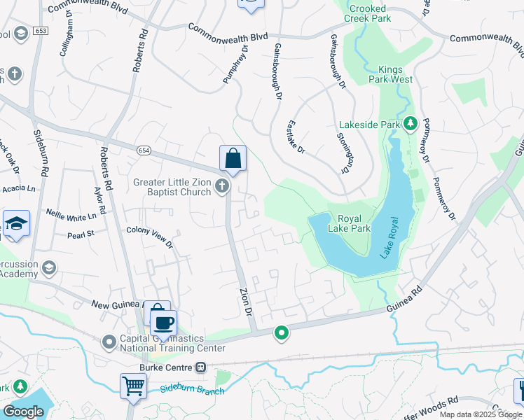 map of restaurants, bars, coffee shops, grocery stores, and more near 5427 Leeway Court in Fairfax