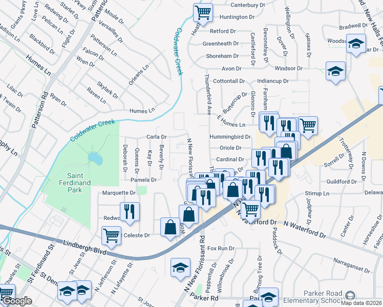 map of restaurants, bars, coffee shops, grocery stores, and more near 2100 North New Florissant Road in Florissant