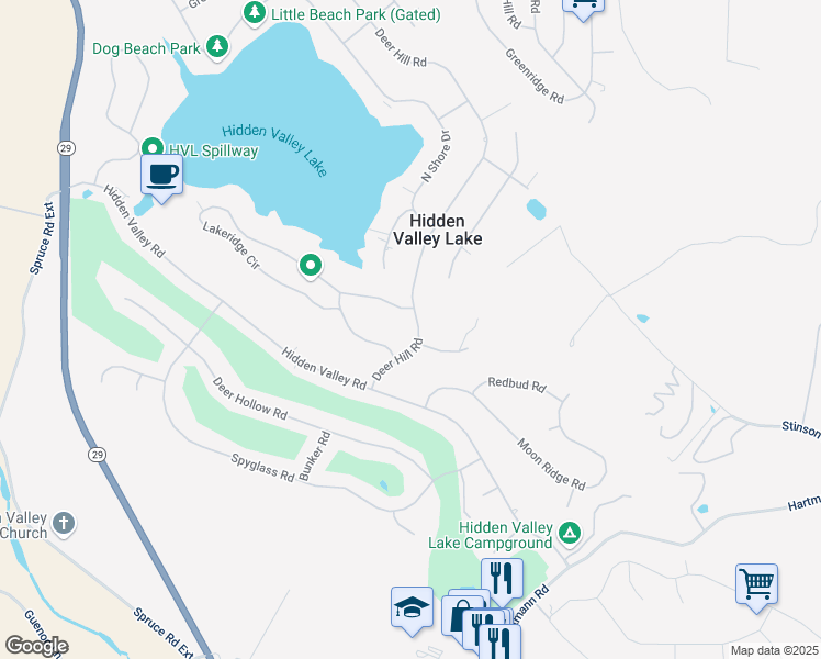 map of restaurants, bars, coffee shops, grocery stores, and more near 19407 Deer Hill Road in Hidden Valley Lake