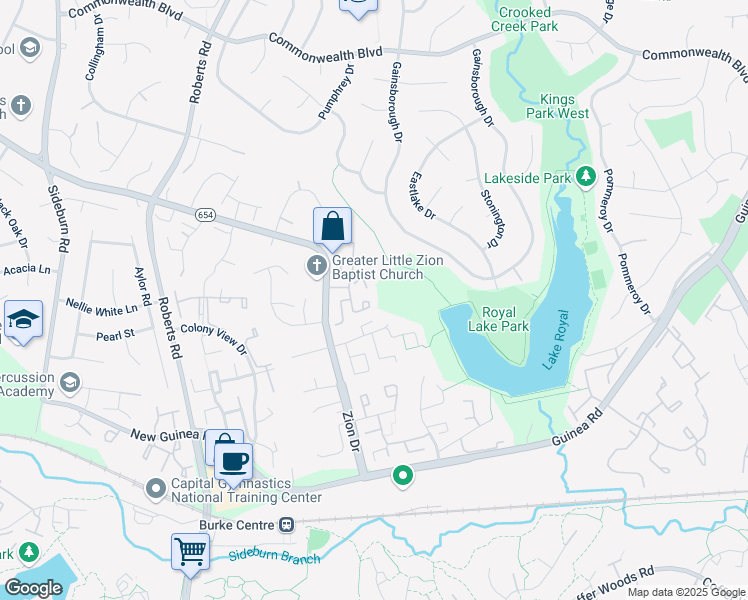 map of restaurants, bars, coffee shops, grocery stores, and more near 5427 Leeway Court in Fairfax