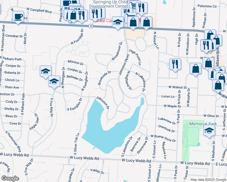 map of restaurants, bars, coffee shops, grocery stores, and more near 105a North Landcaster Drive in Raymore