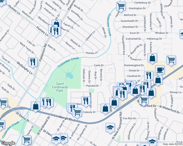 map of restaurants, bars, coffee shops, grocery stores, and more near 1730 Queens Drive in Florissant