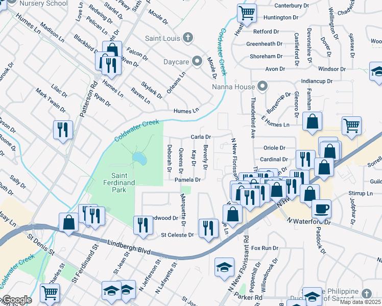 map of restaurants, bars, coffee shops, grocery stores, and more near 1735 Kay Drive in Florissant