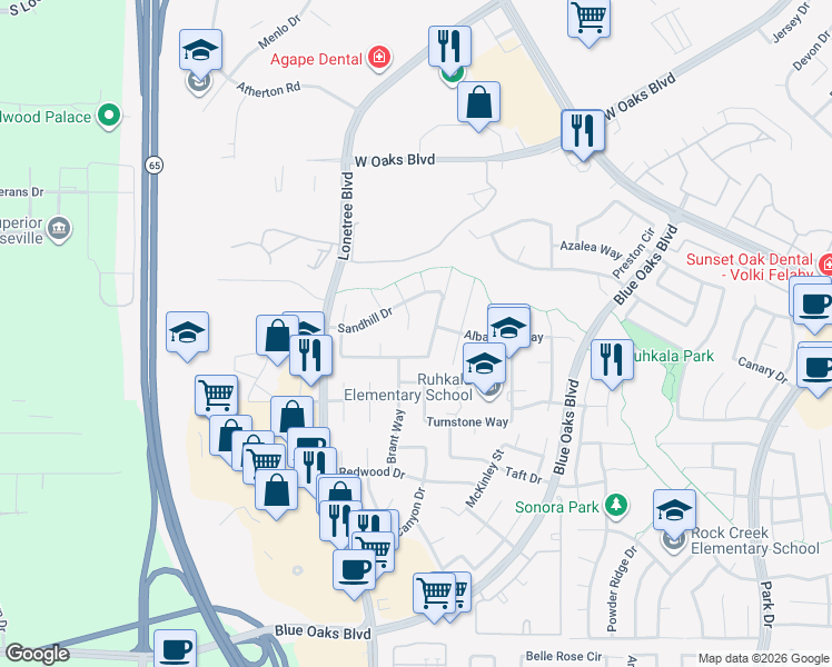 map of restaurants, bars, coffee shops, grocery stores, and more near 6211 Canvasback Court in Rocklin
