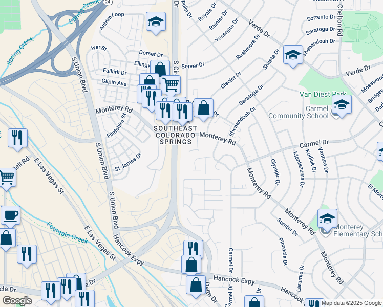 map of restaurants, bars, coffee shops, grocery stores, and more near 2049 Legacy Ridge View in Colorado Springs