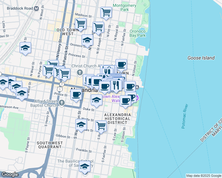 map of restaurants, bars, coffee shops, grocery stores, and more near 301 King Street in Alexandria