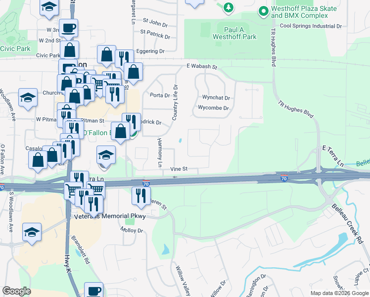 map of restaurants, bars, coffee shops, grocery stores, and more near 501 Dardenne Drive in O'Fallon