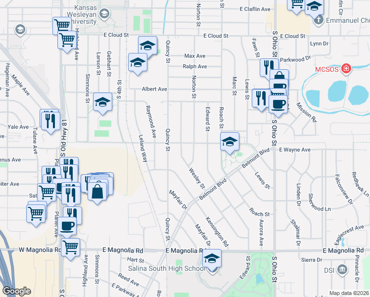 map of restaurants, bars, coffee shops, grocery stores, and more near 2109 Wesley St in Salina