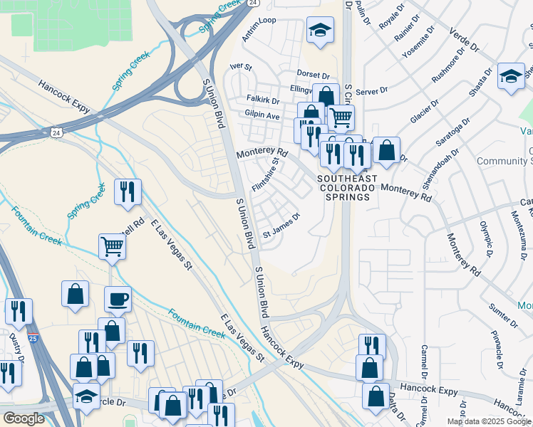 map of restaurants, bars, coffee shops, grocery stores, and more near 2067 Saint Claire Park Alley in Colorado Springs