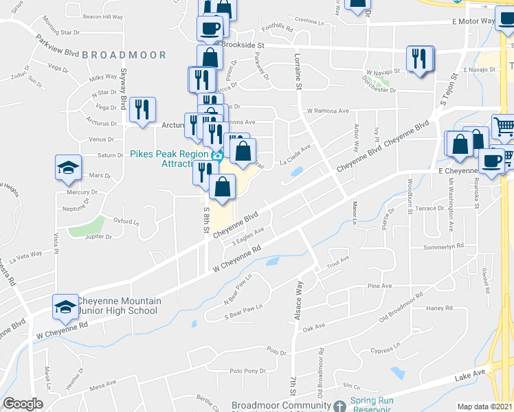map of restaurants, bars, coffee shops, grocery stores, and more near 600 Cheyenne Boulevard in Colorado Springs