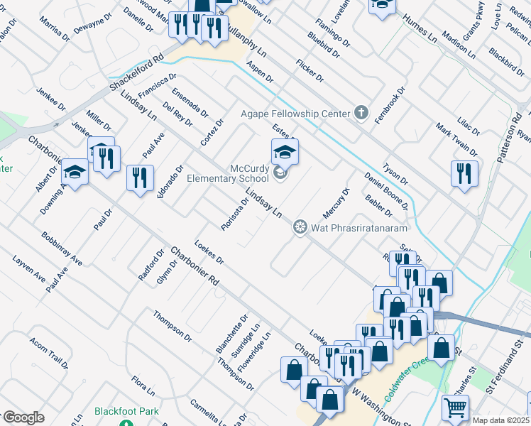 map of restaurants, bars, coffee shops, grocery stores, and more near 2 Cedar Park Drive in Florissant