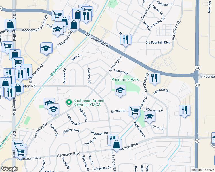 map of restaurants, bars, coffee shops, grocery stores, and more near 4522 Lancaster Drive in Colorado Springs