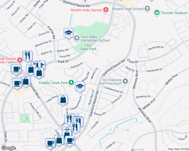 map of restaurants, bars, coffee shops, grocery stores, and more near 5651 Miners Circle in Rocklin