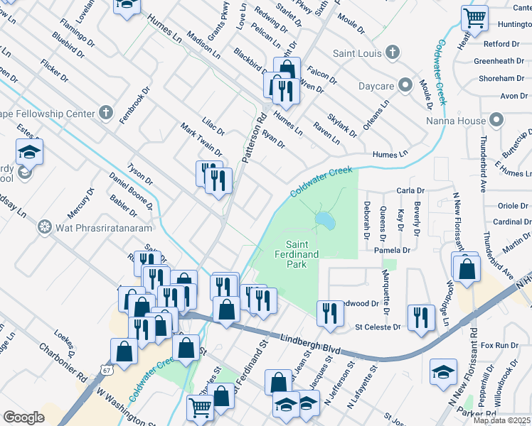 map of restaurants, bars, coffee shops, grocery stores, and more near 1700 Marshall Court in Florissant