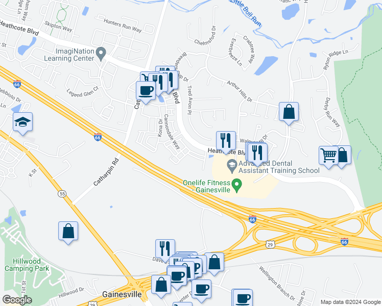 map of restaurants, bars, coffee shops, grocery stores, and more near 13842 Litespeed Way in Gainesville