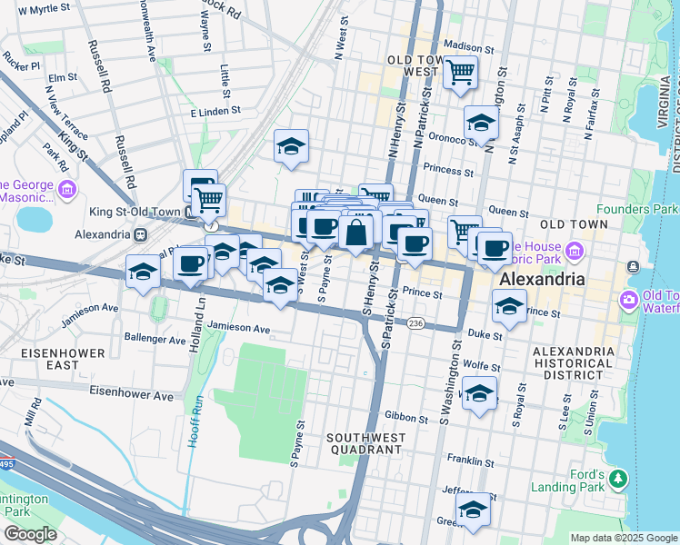 map of restaurants, bars, coffee shops, grocery stores, and more near 1209 Prince Street in Alexandria