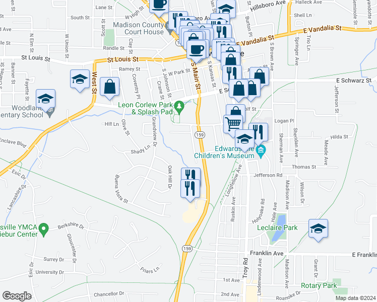 map of restaurants, bars, coffee shops, grocery stores, and more near 421 Quince Street in Edwardsville