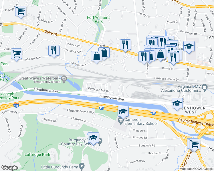 map of restaurants, bars, coffee shops, grocery stores, and more near 118 Meadows Lane in Alexandria