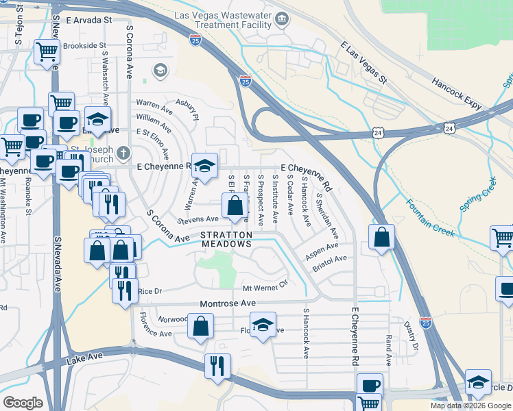 map of restaurants, bars, coffee shops, grocery stores, and more near 1922 South Prospect Avenue in Colorado Springs