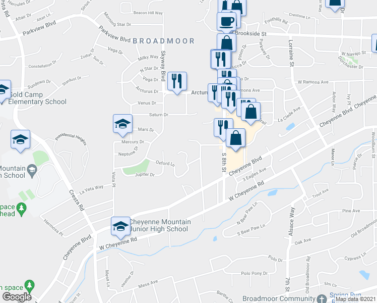 map of restaurants, bars, coffee shops, grocery stores, and more near 887 Oxford Lane in Colorado Springs