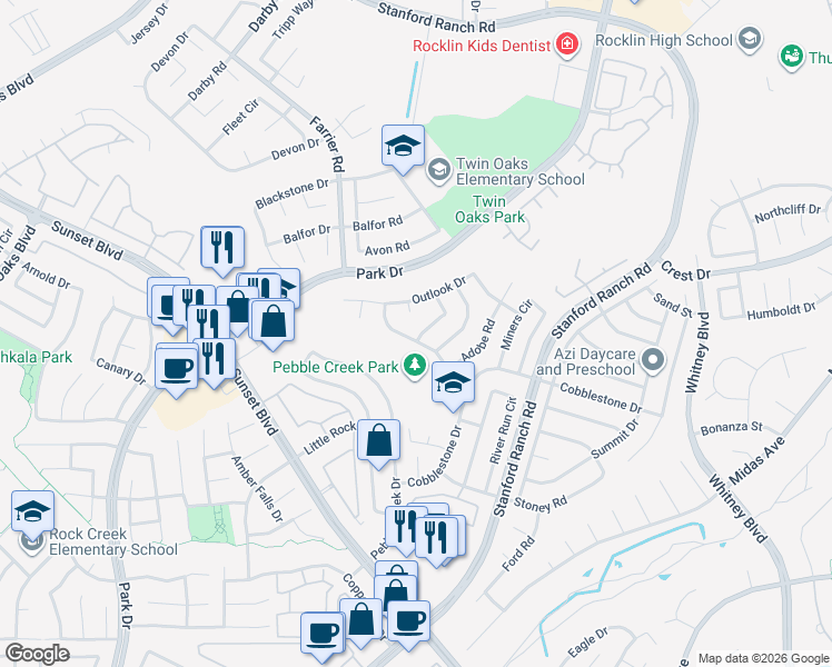 map of restaurants, bars, coffee shops, grocery stores, and more near 3335 Sandalwood Road in Rocklin