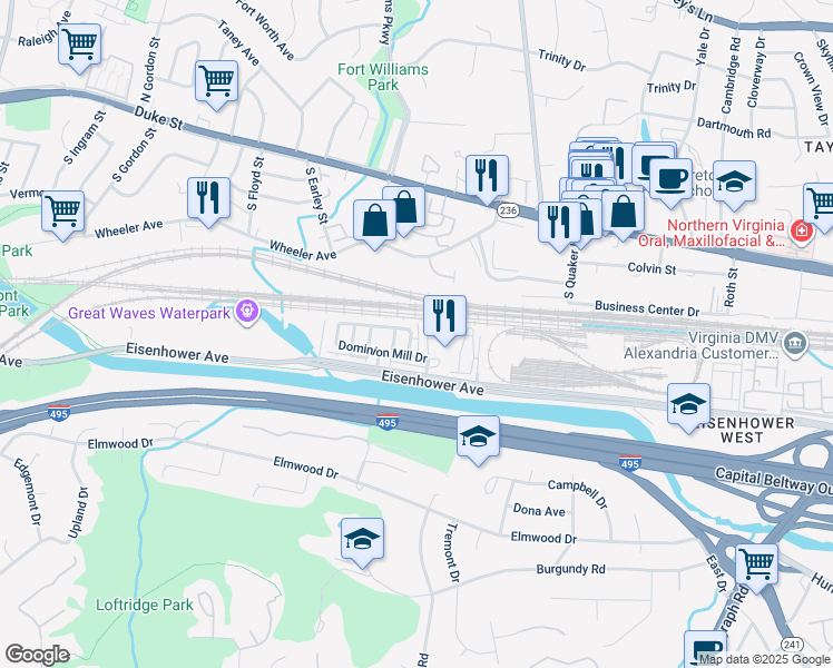 map of restaurants, bars, coffee shops, grocery stores, and more near 118 Meadows Lane in Alexandria