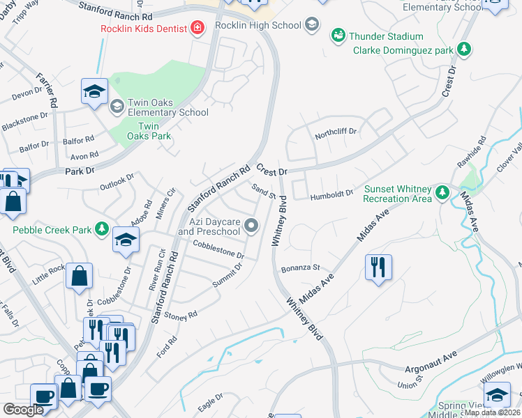 map of restaurants, bars, coffee shops, grocery stores, and more near 5617 Summit Drive in Rocklin