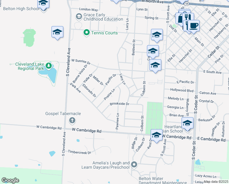 map of restaurants, bars, coffee shops, grocery stores, and more near 313 Prairie Lane in Belton