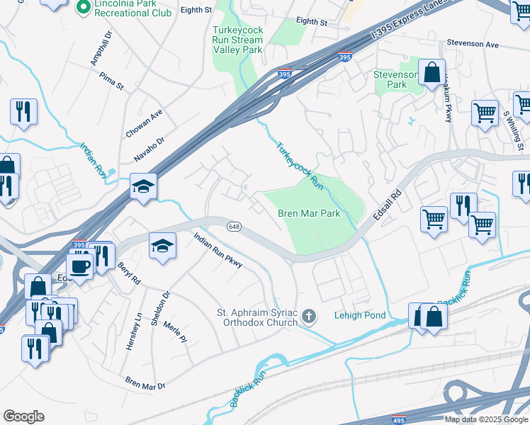 map of restaurants, bars, coffee shops, grocery stores, and more near 6301 Summer Moon Lane in Alexandria