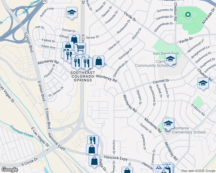 map of restaurants, bars, coffee shops, grocery stores, and more near 2780 Carmel Circle in Colorado Springs