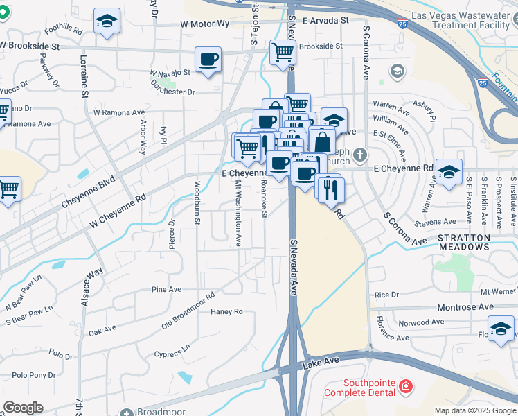 map of restaurants, bars, coffee shops, grocery stores, and more near 1942 1/2 Roanoke Street in Colorado Springs