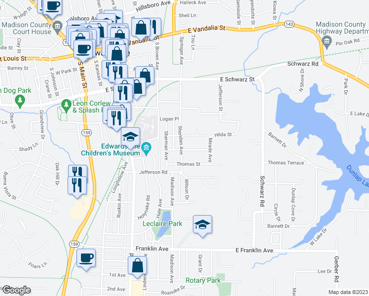 map of restaurants, bars, coffee shops, grocery stores, and more near 603 Hancock Street in Edwardsville