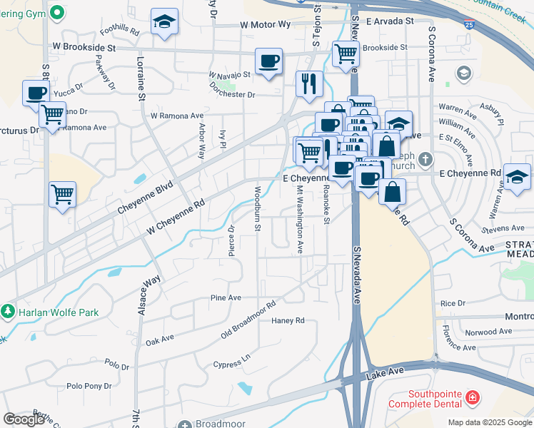 map of restaurants, bars, coffee shops, grocery stores, and more near 8 Terrace Drive in Colorado Springs