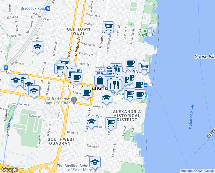 map of restaurants, bars, coffee shops, grocery stores, and more near 4 North Pitt Street in Alexandria