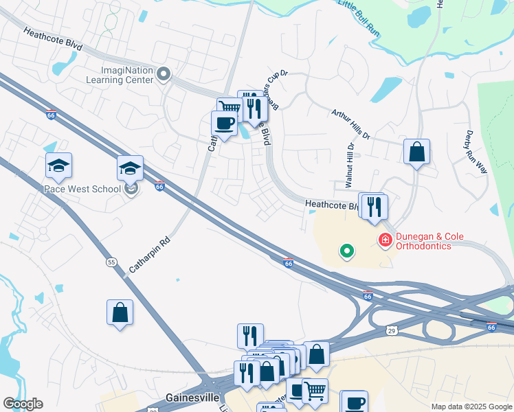 map of restaurants, bars, coffee shops, grocery stores, and more near 13983 Gary Fisher Trail in Gainesville