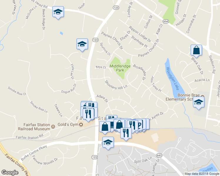 map of restaurants, bars, coffee shops, grocery stores, and more near 5537 Shooters Hill Lane in Fairfax