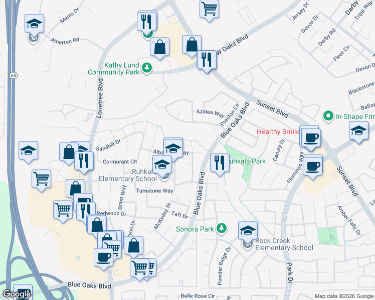 map of restaurants, bars, coffee shops, grocery stores, and more near 1621 Albatross Way in Rocklin