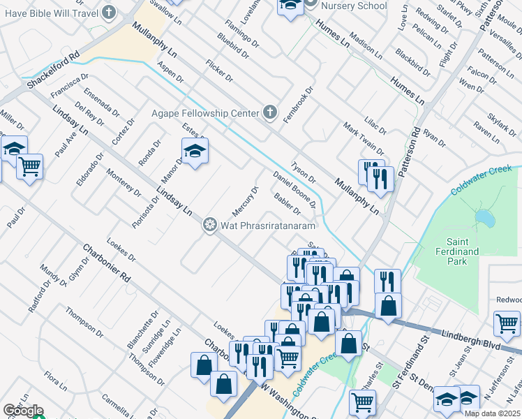 map of restaurants, bars, coffee shops, grocery stores, and more near 23 Hammes Drive in Florissant