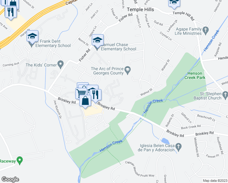 map of restaurants, bars, coffee shops, grocery stores, and more near 2466 Brinkley Road in Temple Hills
