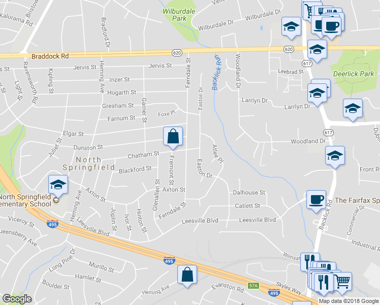 map of restaurants, bars, coffee shops, grocery stores, and more near 5400 Ferndale Street in Springfield