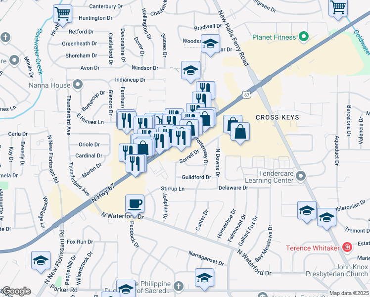 map of restaurants, bars, coffee shops, grocery stores, and more near 2536 North Highway 67 in Florissant