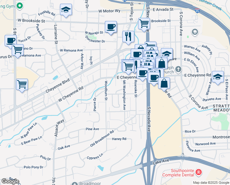 map of restaurants, bars, coffee shops, grocery stores, and more near 8 Terrace Drive in Colorado Springs