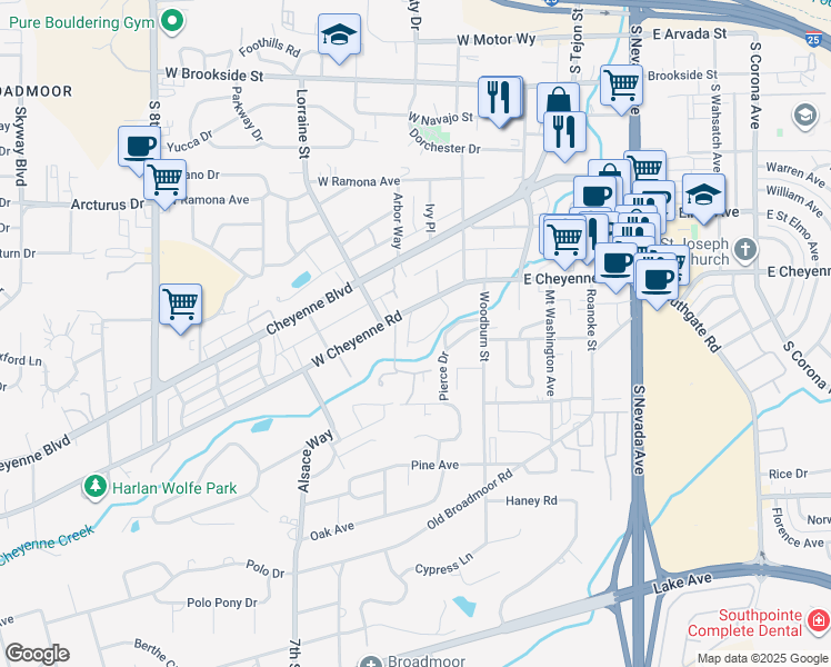 map of restaurants, bars, coffee shops, grocery stores, and more near 145 West Cheyenne Road in Colorado Springs