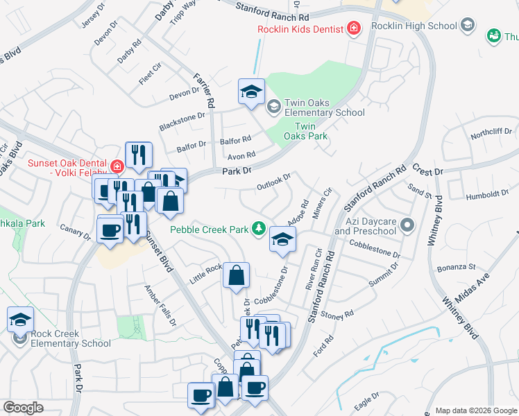 map of restaurants, bars, coffee shops, grocery stores, and more near 5629 Glen Oaks Drive in Rocklin